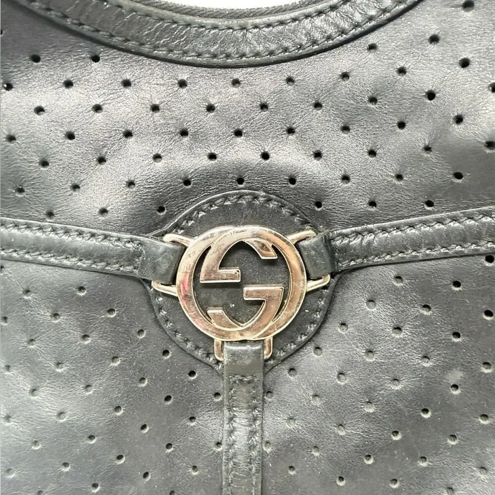 Gucci Reins Vintage Interlocking GG Perforated Leather Black Hobo Bag Purse
